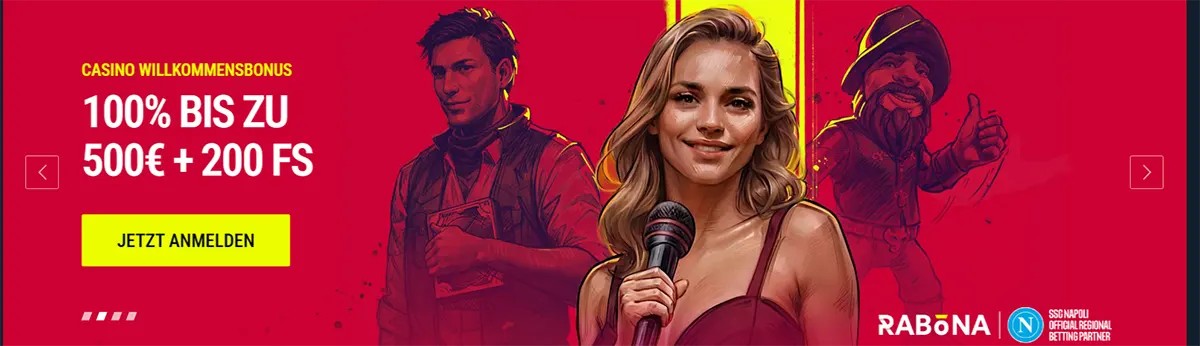 Casino Willkommensbonus Banner mit 100 % Bonus bis 500 € und 200 Freispiele