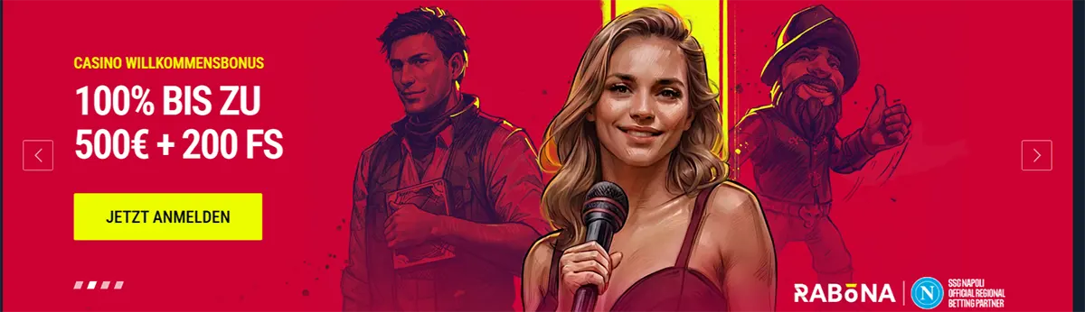 Casino Willkommensbonus Banner mit 100 % Bonus bis 500 € und 200 Freispiele