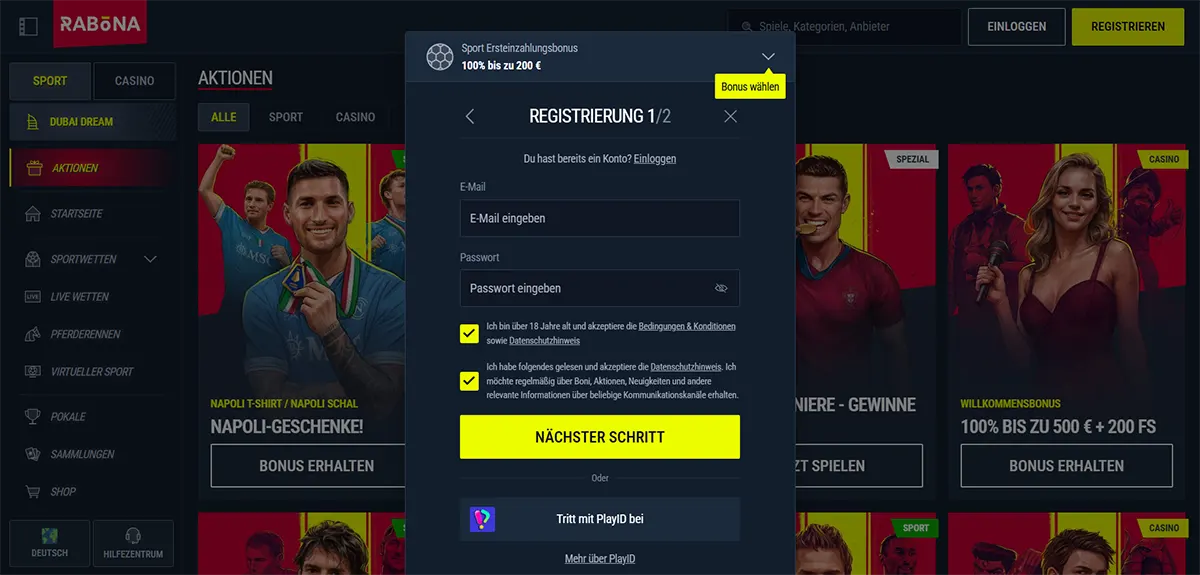 Registrierungsformular mit Bonusauswahl im Online-Casino