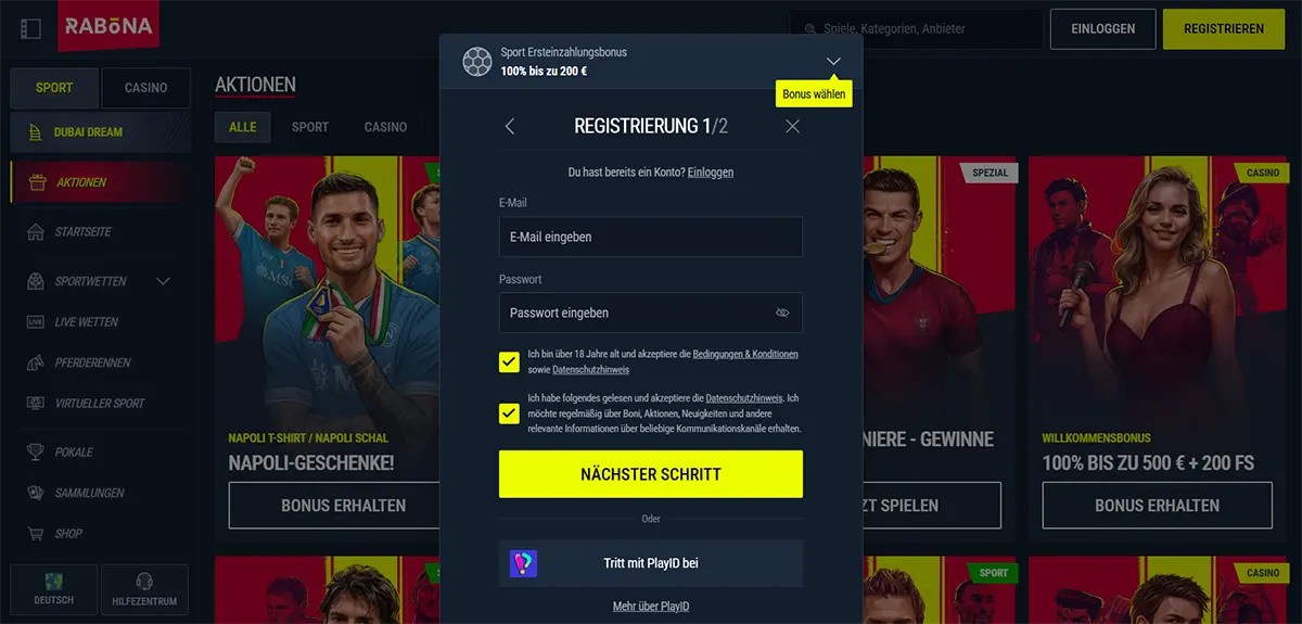 Registrierungsformular 1/2 mit Bonusauswahl im Online-Casino